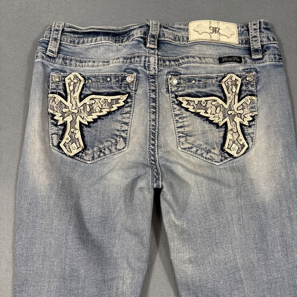 Miss Me Jeans Women's 29 STUDDED Sequin Cross Angel Wing Boot Flared WHISKERING